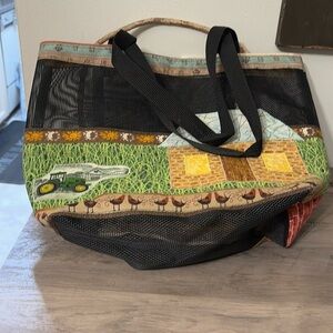 PRE OWNED HOMEMADE FARMHOUSE TRACTOR CHICKENS SHOPPING TOTE BAG WITH MESH